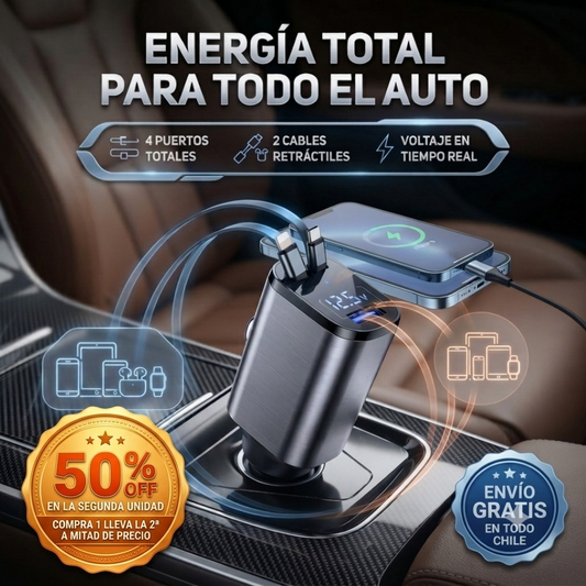 AutoCarga 4X™ - Carga hasta 4 dispositivos y mantén el auto libre de cables sueltos.