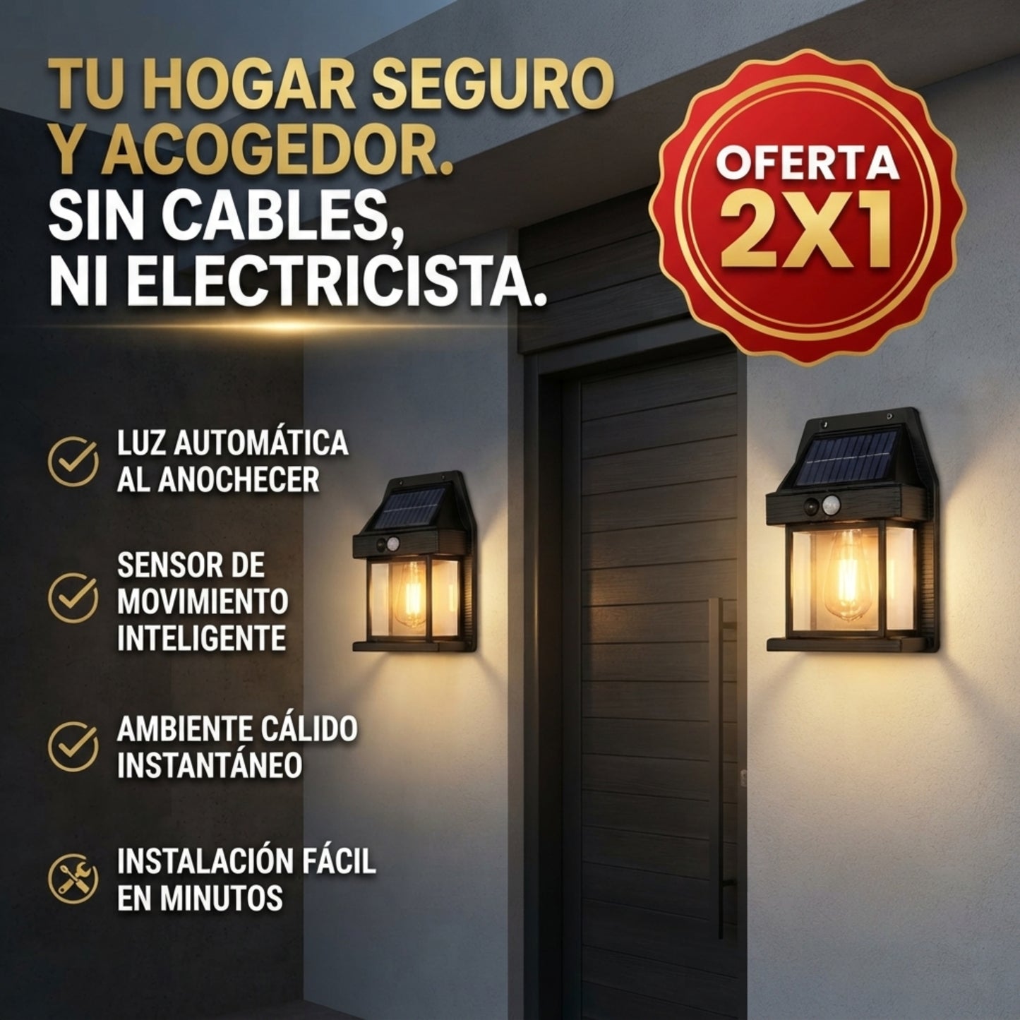 LuzSolar DobleFoco 300° - Ilumina tu patio, entrada sin cables ni electricista
