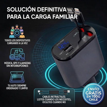 AutoCarga 4X™ - Carga hasta 4 dispositivos y mantén el auto libre de cables sueltos.