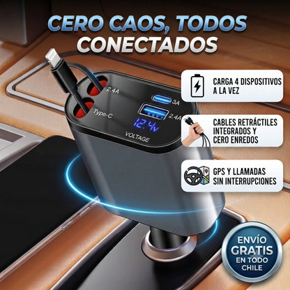AutoCarga 4X™ - Carga hasta 4 dispositivos y mantén el auto libre de cables sueltos.